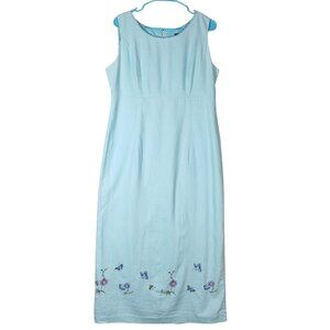 Sag Harbor Linen Maxi Dress, Size 12, Light‎ Blue Embroidered Butterflies 🦋